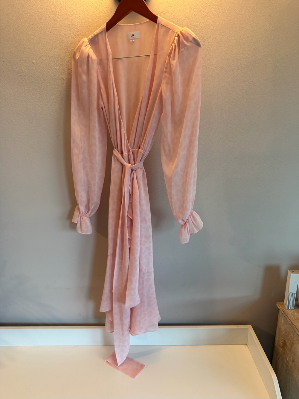 LPA Pink Cheetah Jacquard Wrap Dress Long Puff Sleeve Ruffle Hem XS
